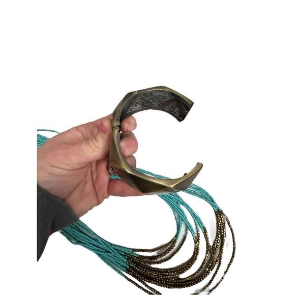 Multibeaded turquoise color and antique gold minibeaded statement necklace and l - Picture 7 of 7